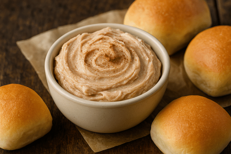 Texas Roadhouse honey cinnamon butter in bowl with rolls