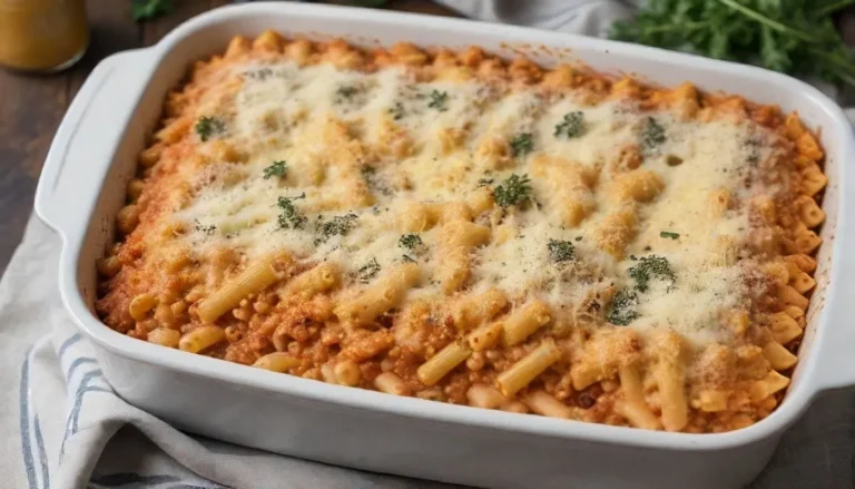 Baked ditalini pasta in a creamy sauce, garnished with fresh herbs, in a white serving dish.