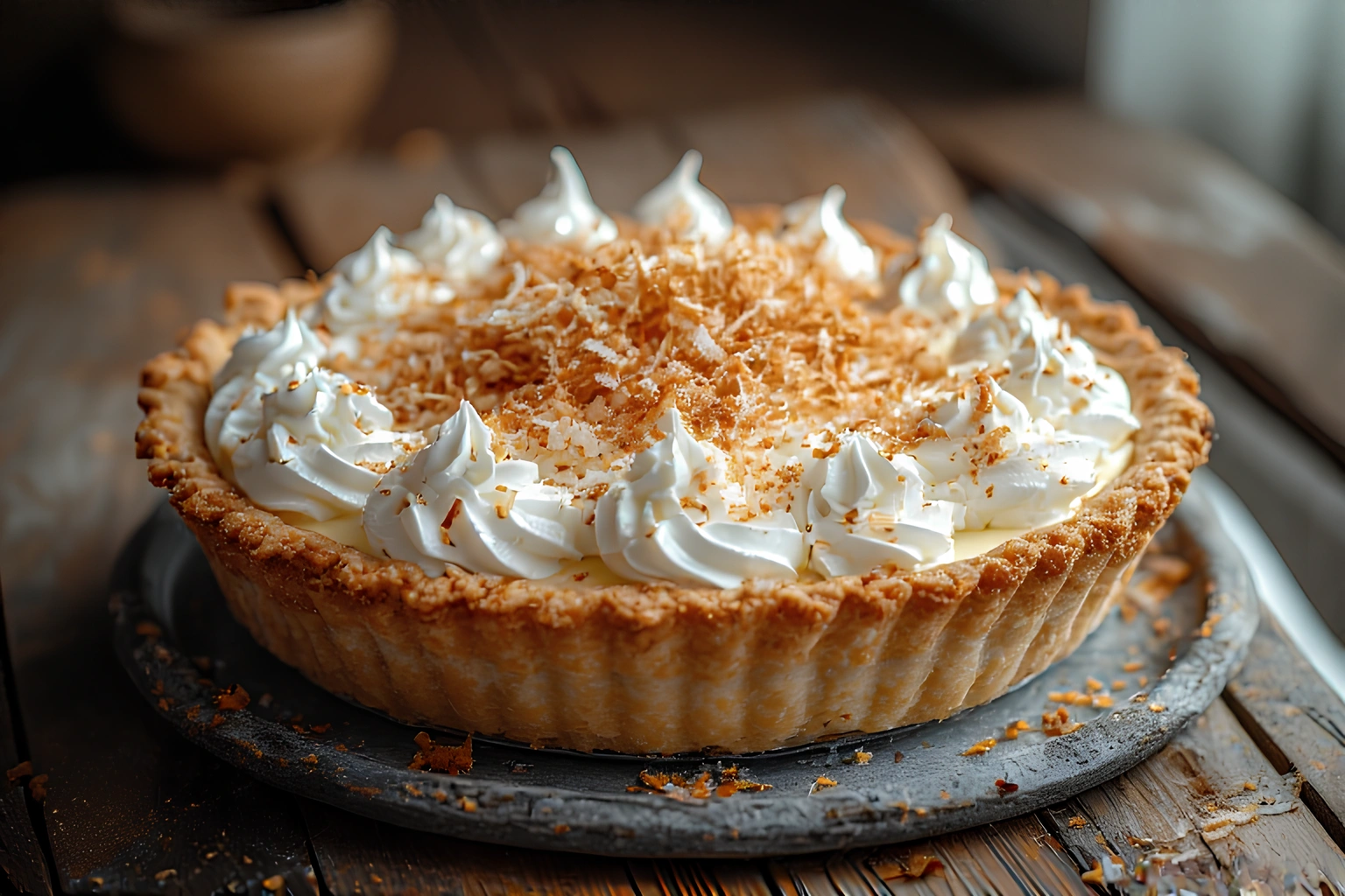 Full coconut cream pie recipe with whipped topping and toasted coconut