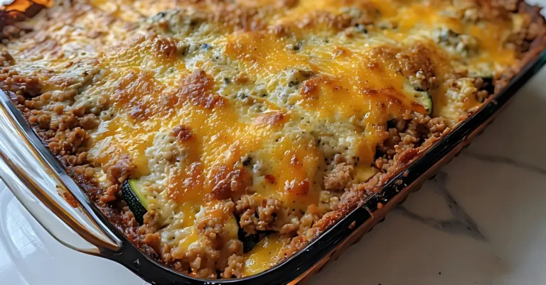 Glass baking dish filled with ground beef zucchini casserole topped with golden cheese