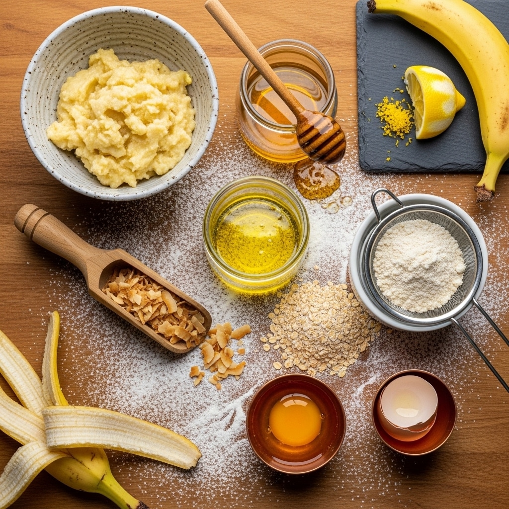 Banana coconut muffins ingredients laid out