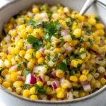 Bowl of corn salsa with sweet corn, chopped onion, and cilantro in an off-white dish with a spoon on a white surface