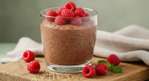 Glass cup of creamy chocolate chia pudding topped with raspberries on rustic wooden board with natural light