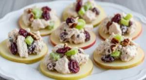 Thin apple slices topped with creamy cranberry chicken salad, chopped celery, pecans, and dried cranberries on a white plate
