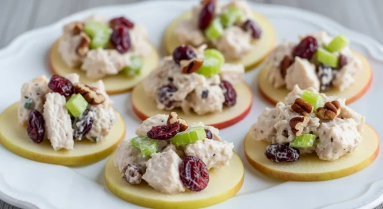 Thin apple slices topped with creamy cranberry chicken salad, chopped celery, pecans, and dried cranberries on a white plate