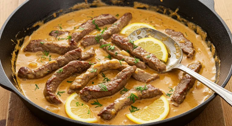 Overhead view of cooked beef strips in creamy light brown sauce garnished with herbs and lemon slices in cast iron skillet