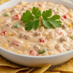 Bowl of creamy cheesy Tex-Mex dip with diced vegetables and ground meat, garnished with cilantro, served with tortilla chips on a gold-rimmed plate