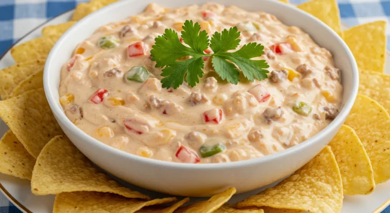 Bowl of creamy cheesy Tex-Mex dip with diced vegetables and ground meat, garnished with cilantro, served with tortilla chips on a gold-rimmed plate