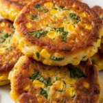 Close-up of golden brown corn fritters stacked on a white plate with fresh herbs and a crispy texture