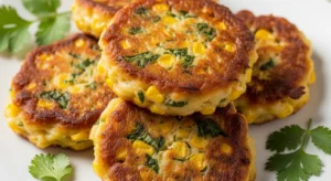 Close-up of golden brown corn fritters stacked on a white plate with fresh herbs and a crispy texture