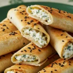 Stack of toasted tortilla pinwheels with creamy cheese filling and sesame seeds on a green plate, showing crispy texture and herb flecks