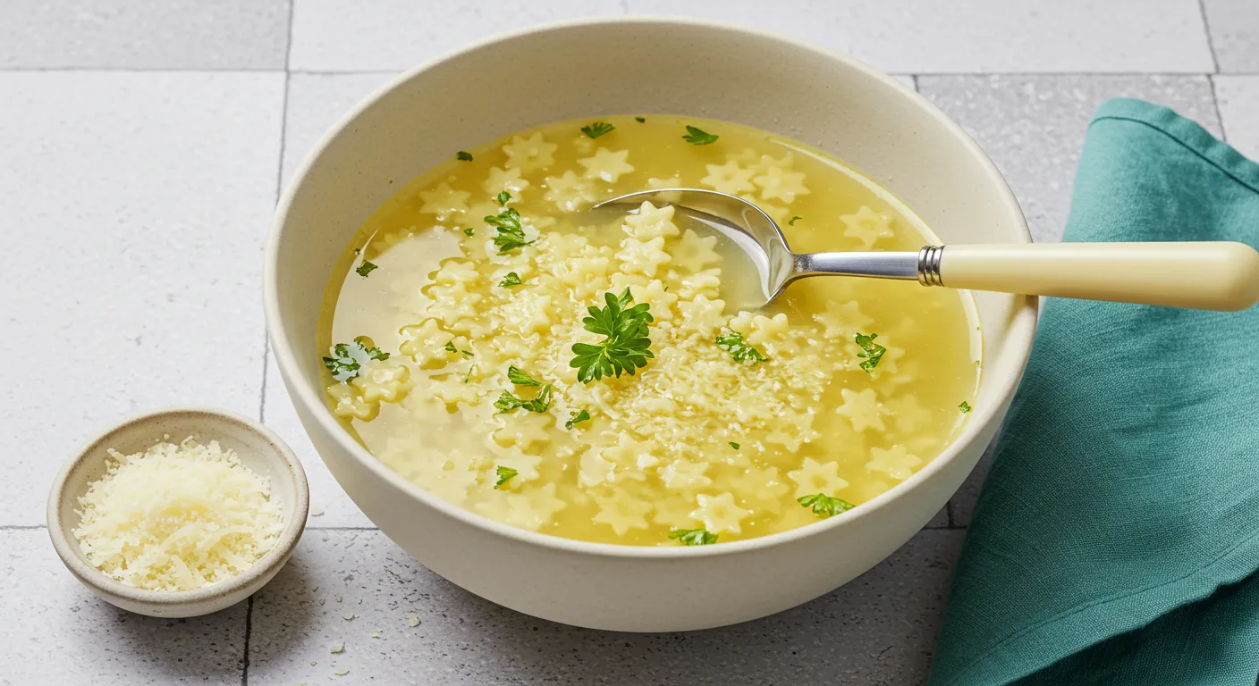Close-up of a bowl of golden clear pastina soup with star-shaped pasta, topped with grated Parmesan and parsley, alongside a silver spoon and Parmesan dish.