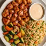 Mixed chicken stir-fry with rice, vegetables, and dipping sauce in a bowl, served on a striped napkin with chopsticks.