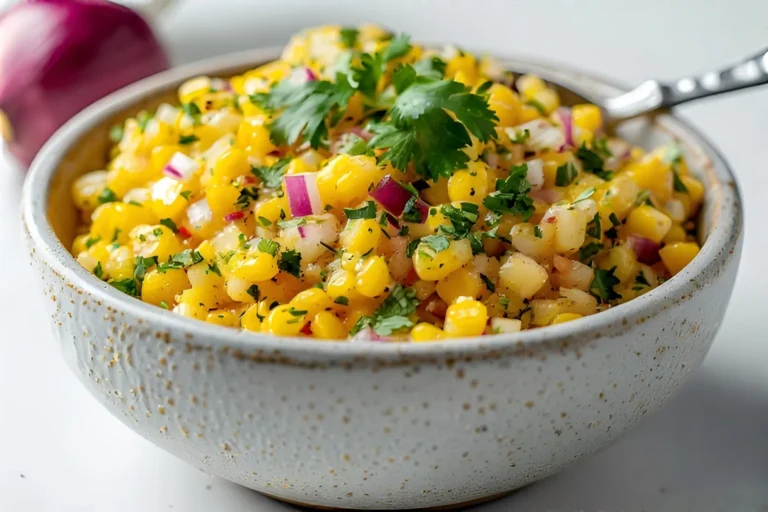 Close-up of homemade corn salsa with yellow corn, red onion, and cilantro in a gray ceramic bowl with a spoon
