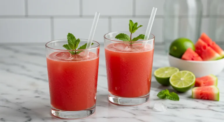 Two glasses of fresh watermelon juice with ice, mint sprigs, and lime wedges on a marble countertop
