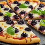 Blackberry basil ricotta pizza topped with melted cheese, fresh blackberries, and basil leaves on a dark baking pan