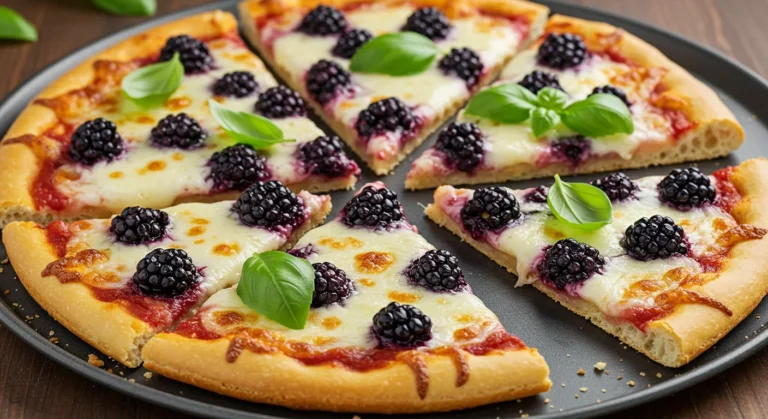 Blackberry basil ricotta pizza topped with melted cheese, fresh blackberries, and basil leaves on a dark baking pan