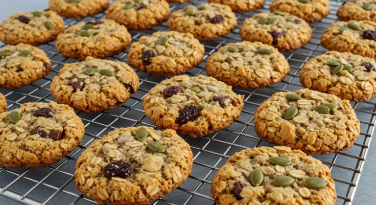 Healthy breakfast cookies with oats, raisins, pumpkin seeds, and chocolate chips cooling on a wire rack