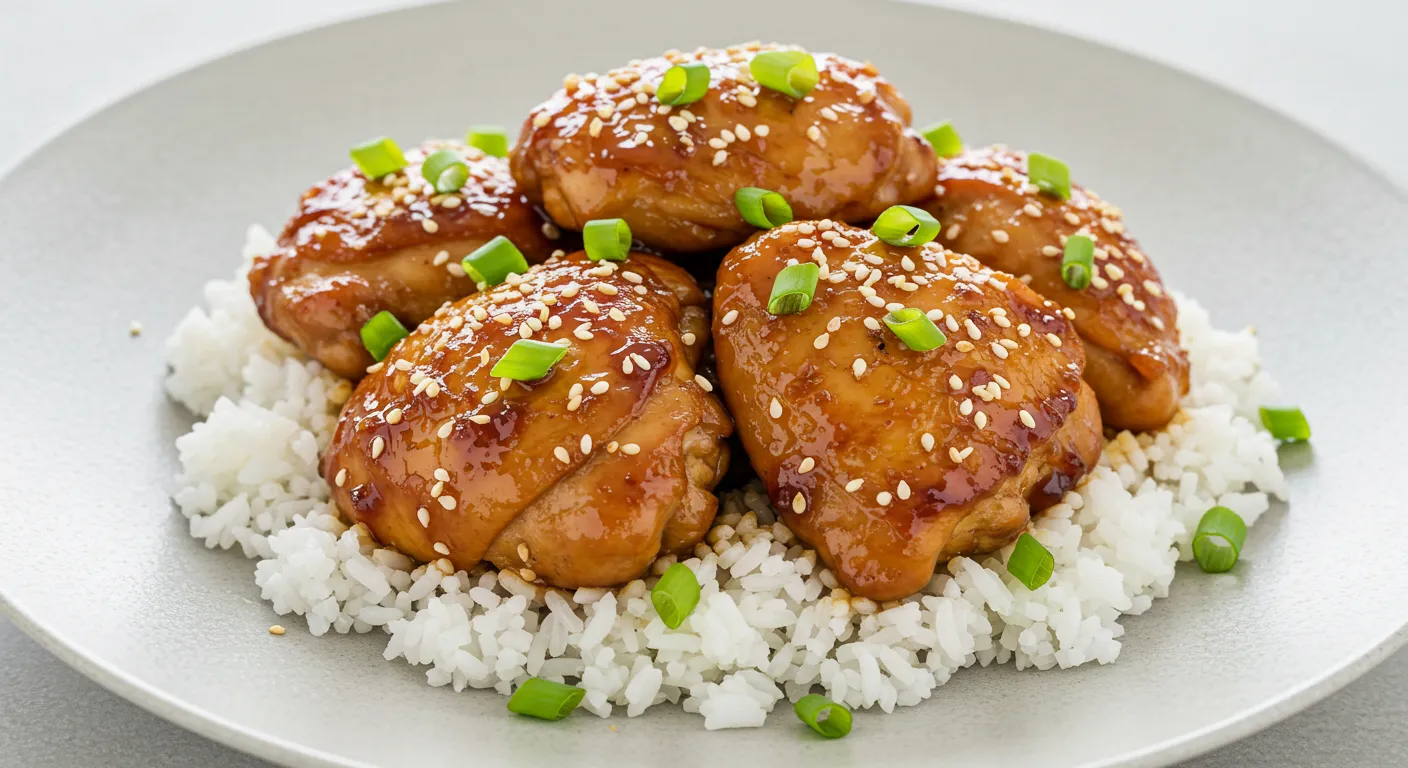 Slices of teriyaki chicken coated in glossy sauce served on white rice with sesame seeds and green onions in a gray bowl