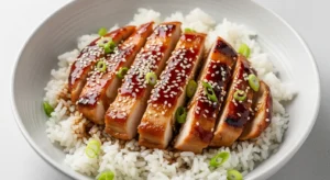 Slices of teriyaki chicken coated in glossy sauce served on white rice with sesame seeds and green onions in a gray bowl