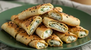 Close-up of golden-brown tortilla pinwheels stacked on a green plate, showing crispy edges and creamy cheese filling with herbs