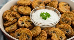 Close-up of golden crispy fried mushroom slices with a bowl of ranch dip garnished with parsley