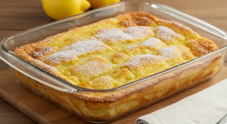 Golden lemon cream cheese dump cake with flaky top and powdered sugar in a clear baking dish on wooden surface with lemons in background