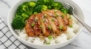 A white bowl of grilled teriyaki chicken over rice with steamed broccoli and chopped green onions on a light marble background