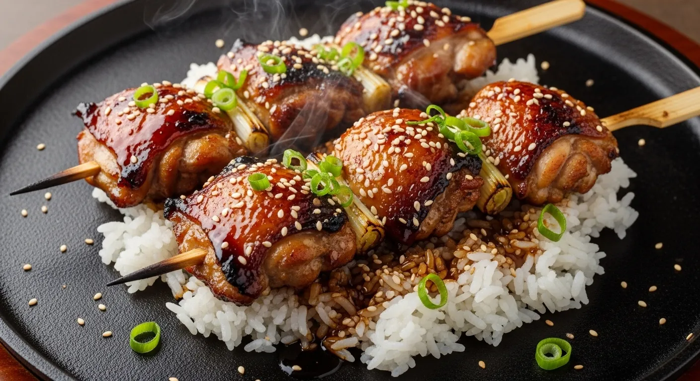 Close-up of skewered teriyaki chicken thighs glazed in dark sauce, with charred edges and sesame seeds, served over steamed white rice on a rustic black iron plate.