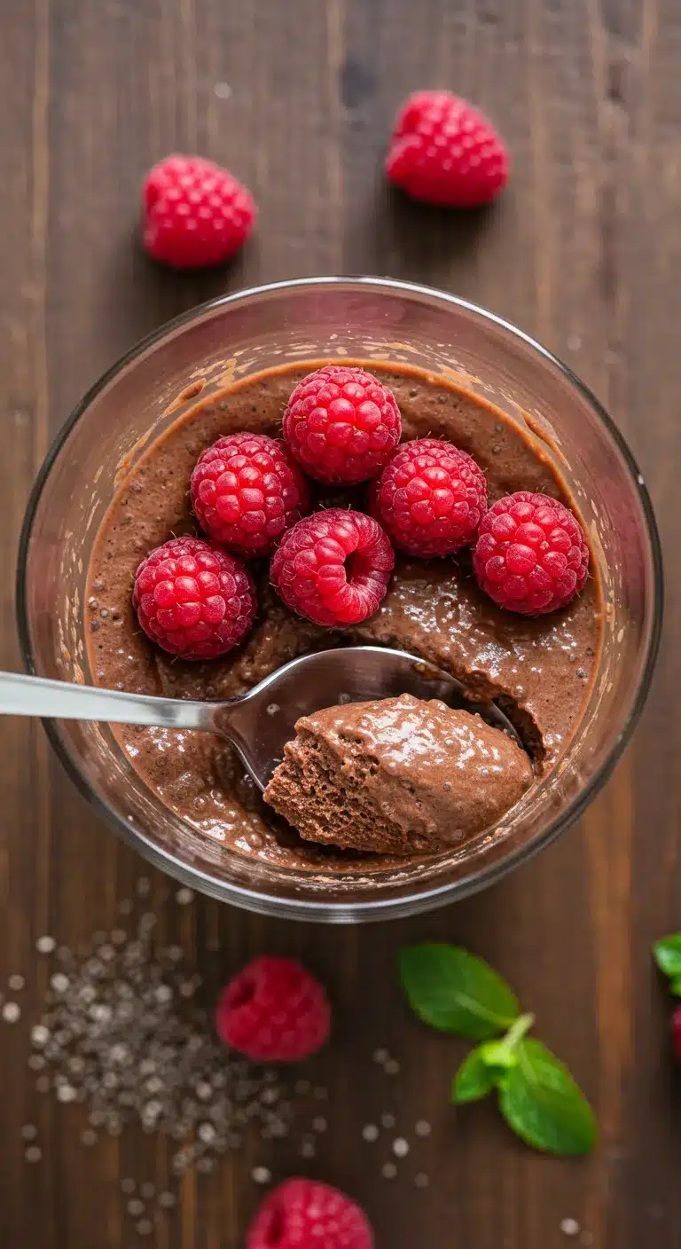 Overhead shot of creamy chocolate chia pudding in a glass with spoon, topped with raspberries and mint on rustic wood