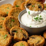 Golden fried mushroom slice being dipped into creamy ranch sauce with fresh parsley on top