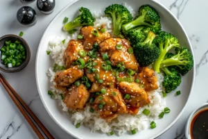 Close-up of sliced teriyaki chicken glazed in sauce over white rice, garnished with green onions and sesame seeds, served with steamed broccoli on a white plate.