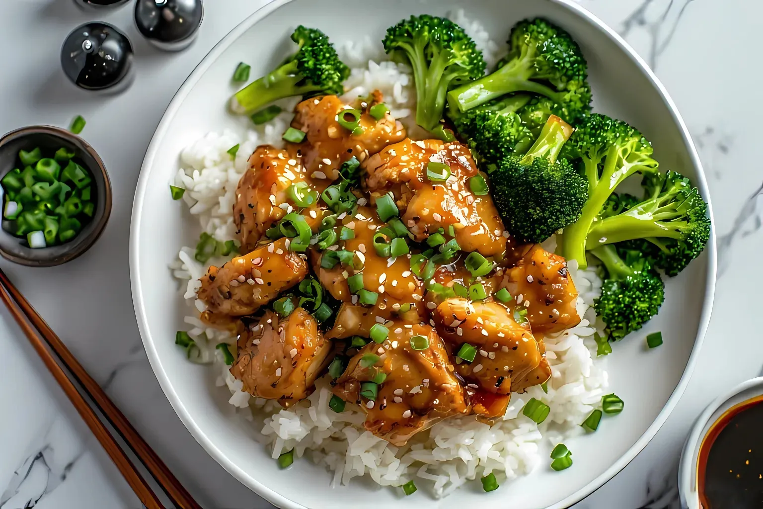 Close-up of sliced teriyaki chicken glazed in sauce over white rice, garnished with green onions and sesame seeds, served with steamed broccoli on a white plate.