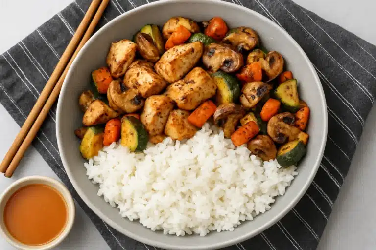 A bowl of hibachi chicken stir-fry with sautéed vegetables, fluffy white rice, and dipping sauce, served with chopsticks.