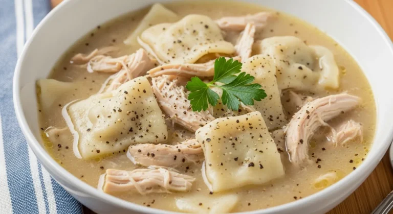 Bowl of homemade chicken and dumplings in creamy broth with parsley garnish on wooden table