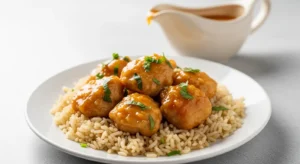 Plate of honey garlic chicken glazed with light orange sauce, garnished with fresh herbs, over brown rice on a gray countertop