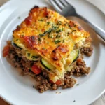 Low-carb casserole with zucchini, ground beef, tomatoes, and cheese on a white plate