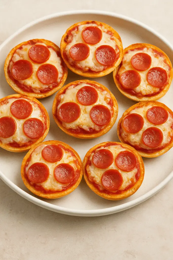 Plate of pepperoni bagel bites arranged neatly on a light surface.