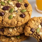 Stack of breakfast cookies with visible oats and seeds, one bitten, next to a glass of orange juice