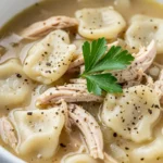 White bowl of chicken and dumplings soup on wooden surface with black pepper and parsley