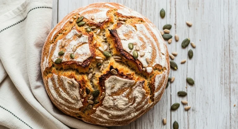 Artisan round oat bread with golden cracked crust and embedded sunflower and pumpkin seeds on a rustic wooden surface
