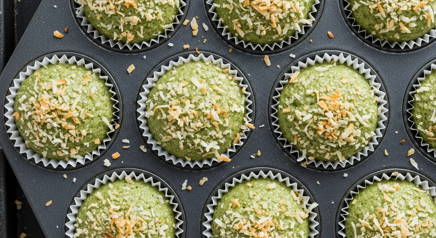 Overhead photo of matcha cupcakes with pale green batter topped with finely shredded coconut and toasted coconut flakes in a dark muffin pan.
