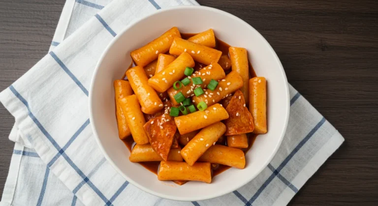 Overhead view of spicy Korean tteokbokki rice cakes in a white bowl garnished with green scallions and sesame seeds on a dark wooden surface