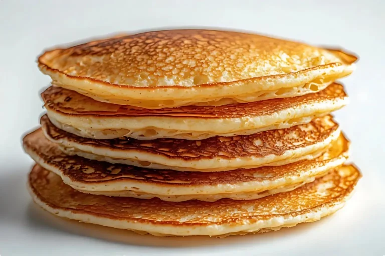 Four golden brown pancakes stacked unevenly with visible texture and browned edges on a white background