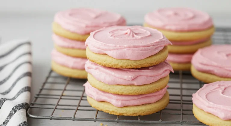 A stack of soft crumbl cookie layers topped with smooth pastel pink frosting on a wire cooling rack.