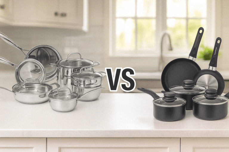 Stainless steel vs non-stick cookware sets in a kitchen