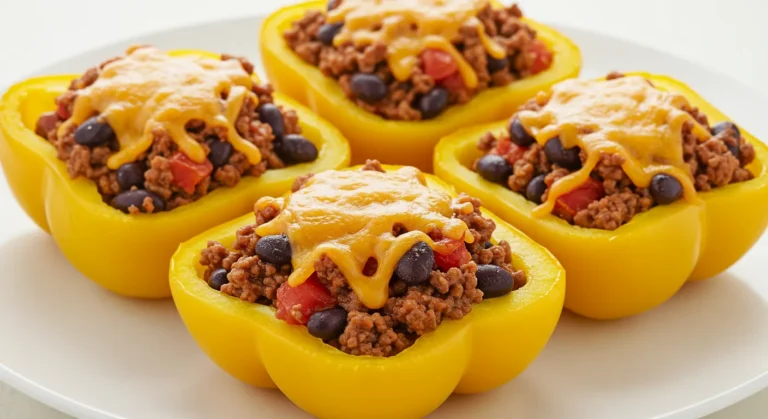 Four taco stuffed yellow bell peppers filled with seasoned beef, black beans, tomatoes, and melted cheese on a white plate