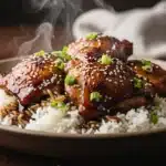 Close-up of glazed teriyaki chicken thighs with sesame seeds and green onions over white rice in a rustic ceramic bowl, with sauce dripping and moody kitchen lighting.