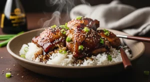 Close-up of glazed teriyaki chicken thighs with sesame seeds and green onions over white rice in a rustic ceramic bowl, with sauce dripping and moody kitchen lighting.