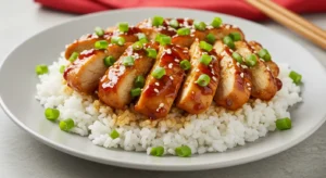 Glazed teriyaki chicken breast slices served over white rice with green onions on a light gray plate